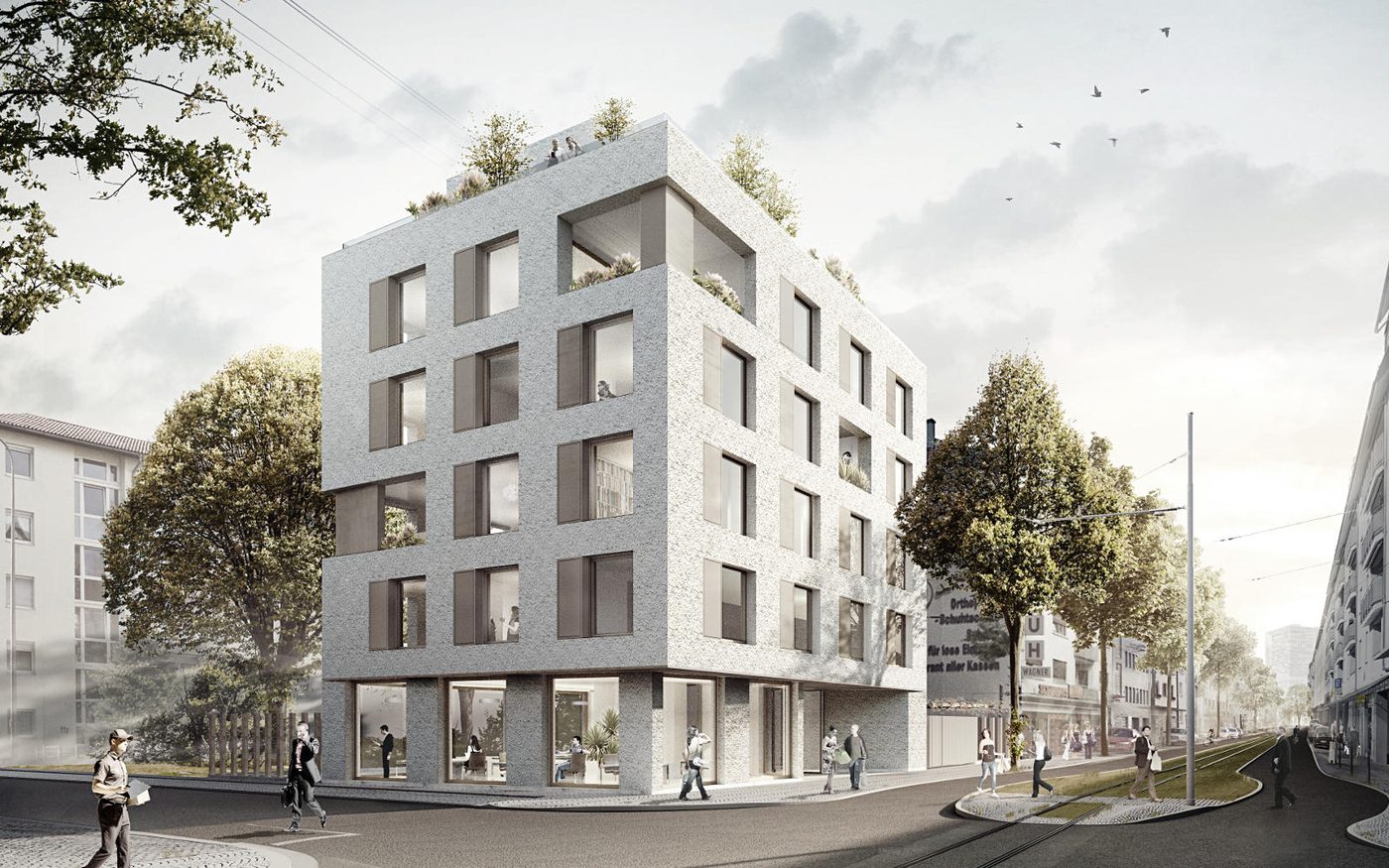 Visualisierung des Stadthauses M7 mit hellen Fassaden und begrünten Dachterrassen