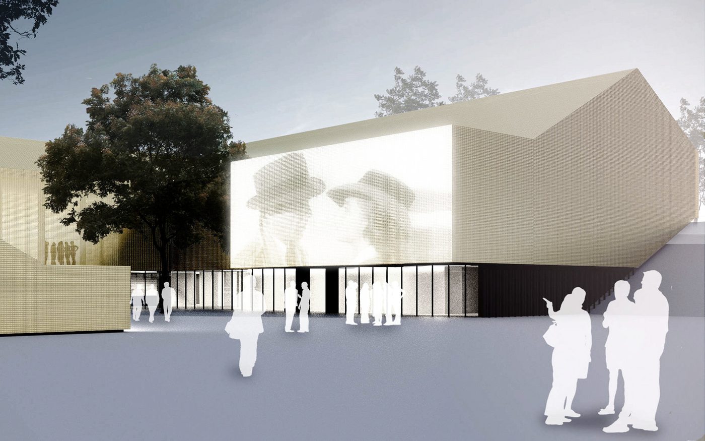 Wettbewerbsvisualisierung des Kulturzentrums mit heller Giebelfassade