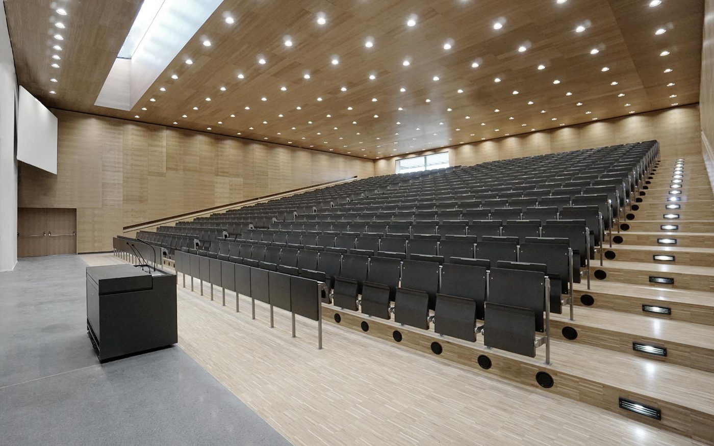 Hörsaal mit 550 Plätzen und Holzverkleidung